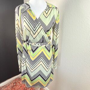 Chevron Wrap Long-Sleeve Dress in Lime & Black